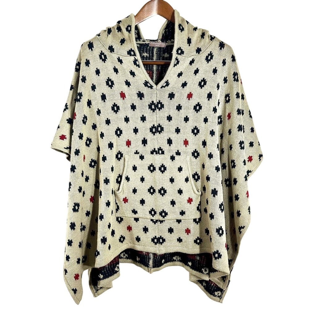 Do Everything In Love Hooded Poncho Sweater Geometric Knit Cream One Size